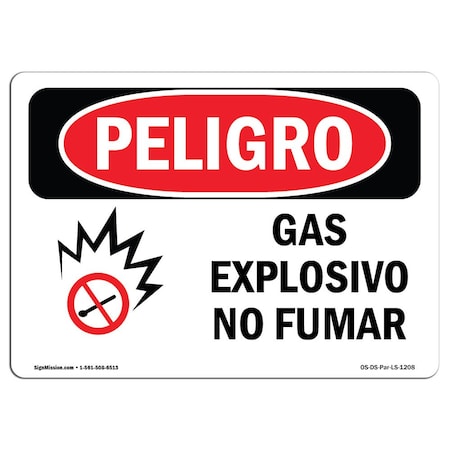 OSHA Danger Sign, Explosive Gas No Smoking Spanish, 18in X 12in Rigid Plastic